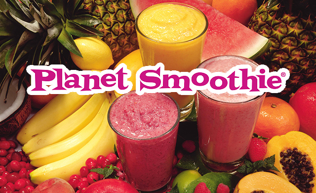 three different smoothies (pineapple, berry, and watermelon) are sitting amongst a cornucopia of fruit like bananas, pineapple, lemons, papayas, grapes, and strawberries with the "Planet Smoothie" logo on top.