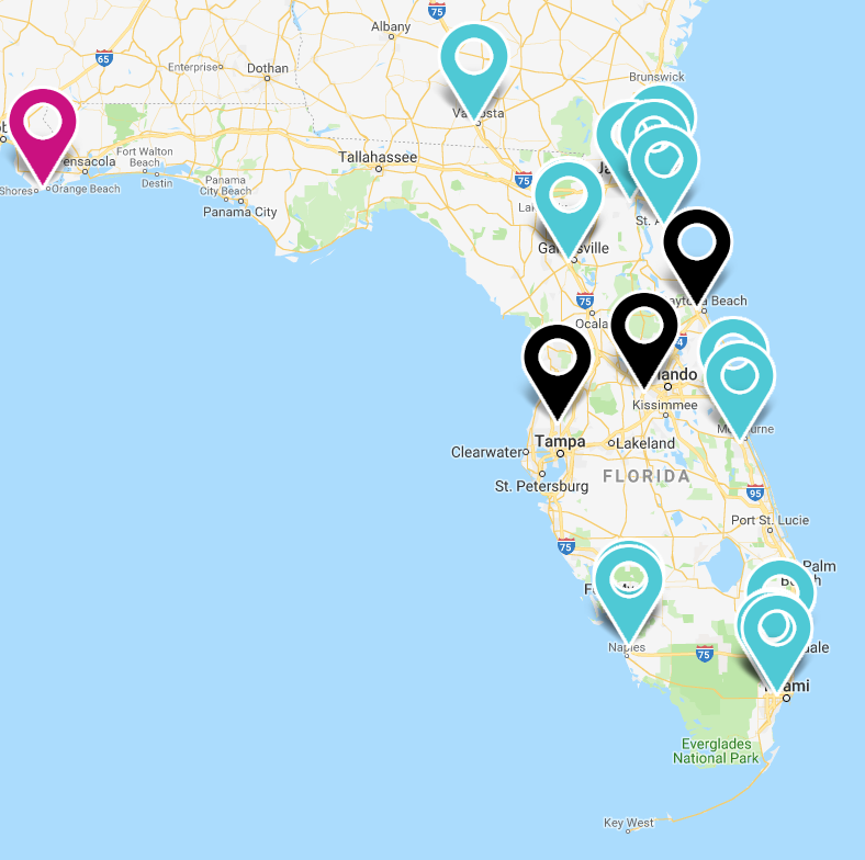 showing the open territories in Florida for a planet smoothie franchise